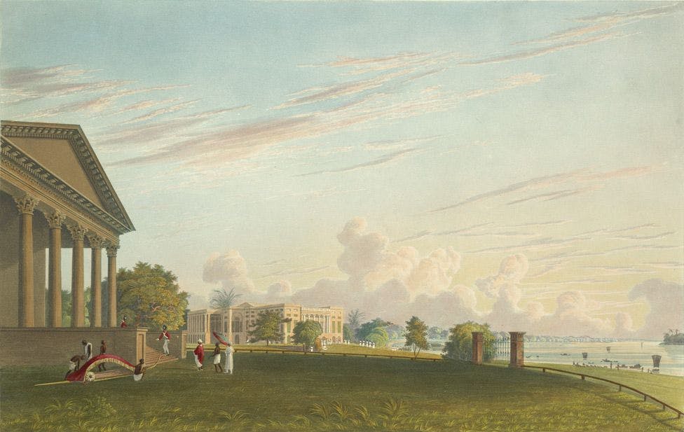 A view of Barrackpore House, with the reach of the river by James Baillie Fraser (1826)