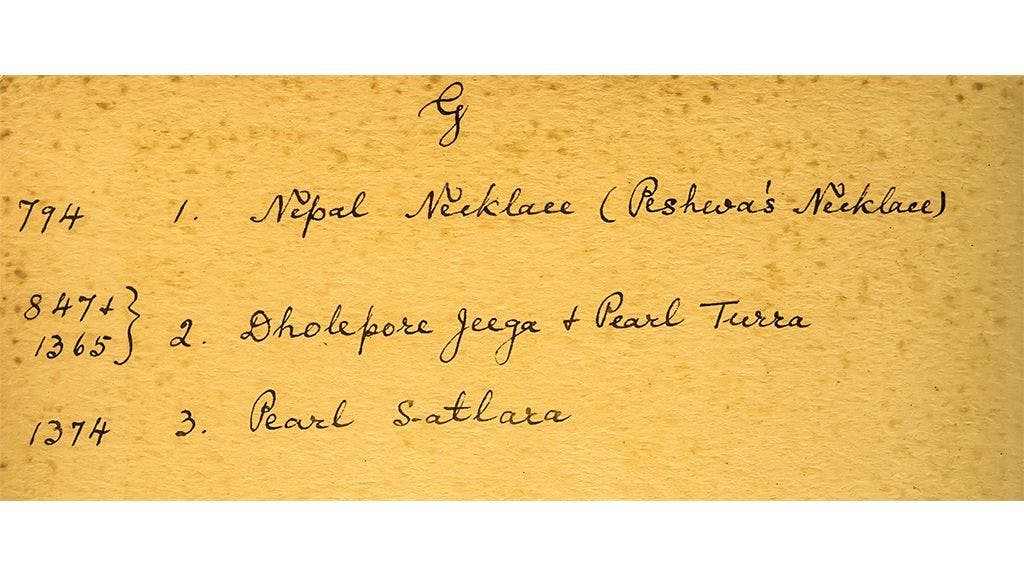 Handwritten Darbhanga jewel inventory, that mentions Peshwa’s necklace