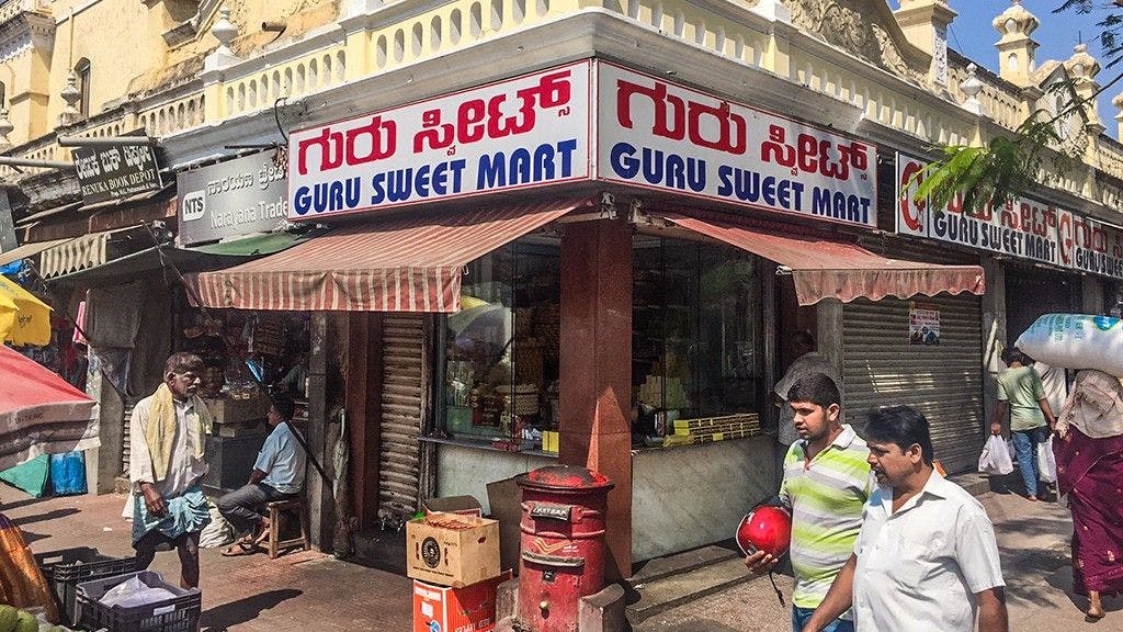 Guru Sweet Mart on Sayaji Rao Road in Mysore serves the original recipe of the Mysore pak
