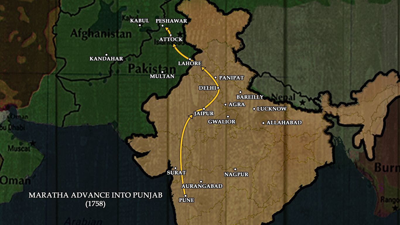 Map marking the Maratha advances into Punjab