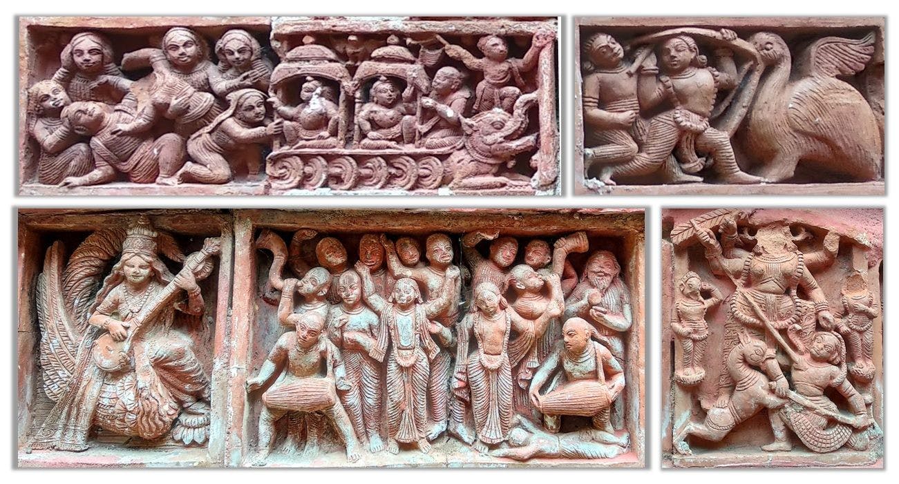 Exquisite terracotta plaques of Gopinath Temple depicting – (a) the Gopinis crying as Krishna and Balaram leaving for Mathura in Akrur’s chariot, (b) Krishna slays Bakasur, (c) Devi Saraswati with veena, (d) Vaisnava movement led by Sri Chaitanya, (e) four-armed warrior goddess Durga attacking demon king Mahishasur