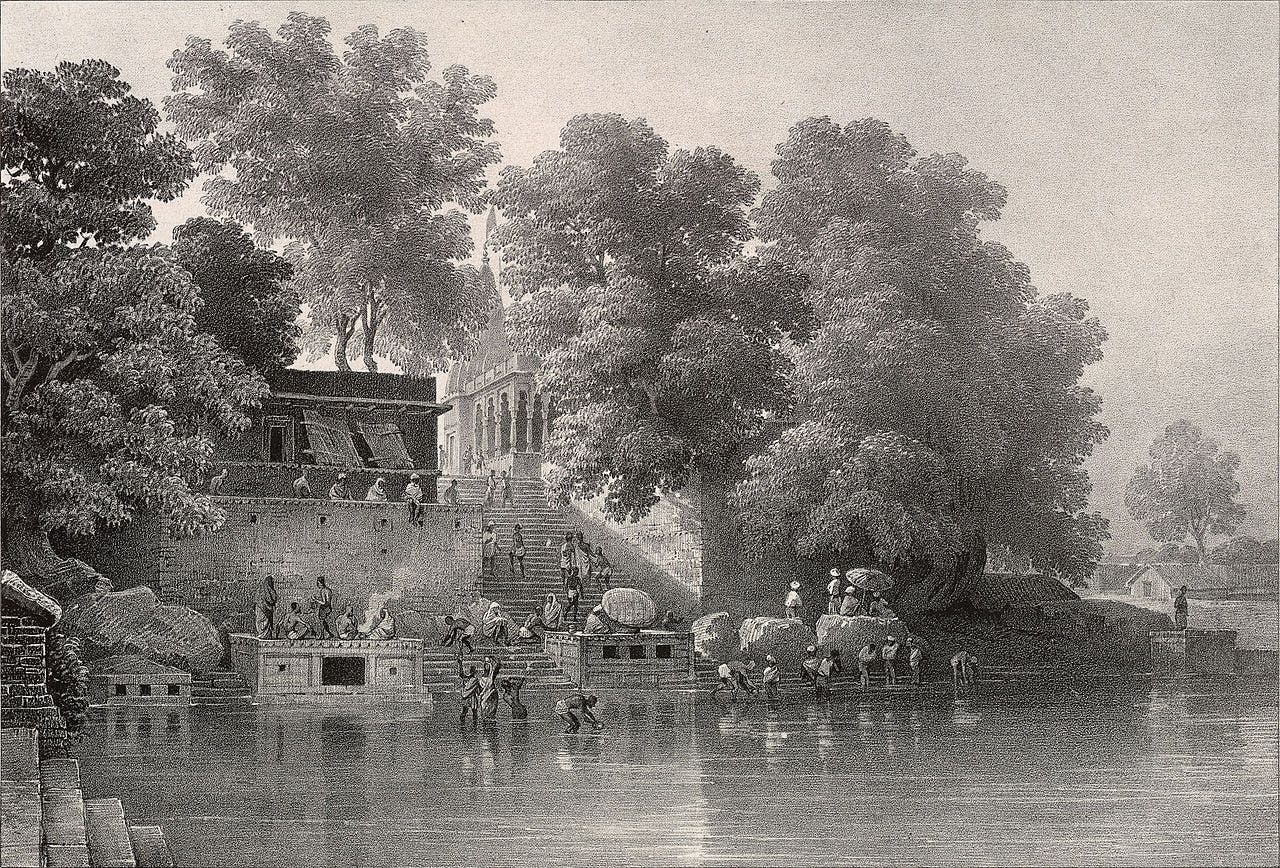 Lithograph of Kupuldhara Tulao, Benares by Prinsep (1834)