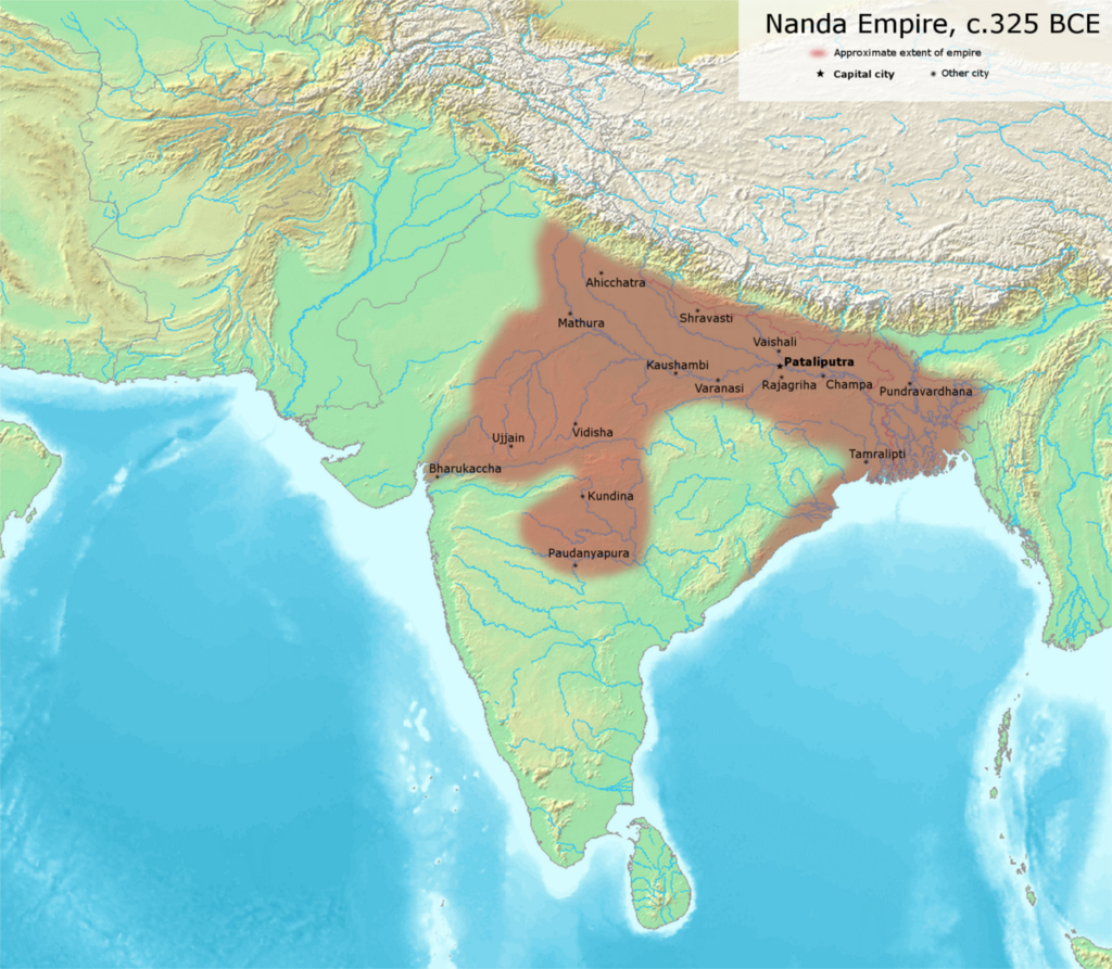 Possible extent of the Nanda Empire under its last ruler Dhana Nanda (c. 325 BCE).