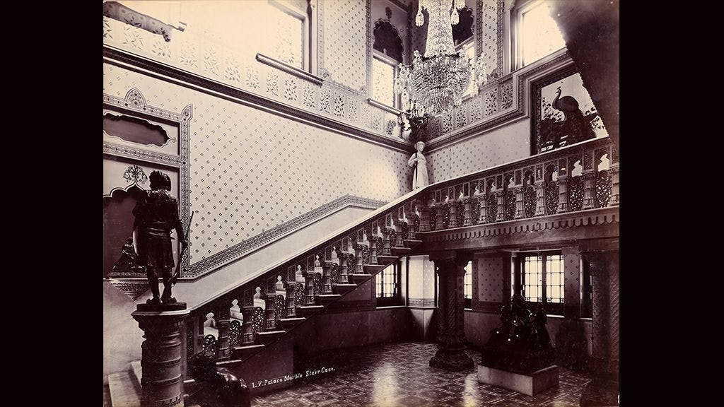 Main Staircase, Laxmi Vilas Palace, Baroda. c. 1895