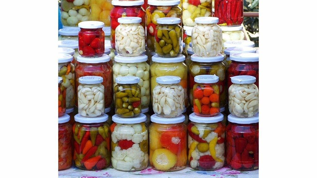 A variety of pickled fruits and vegetables