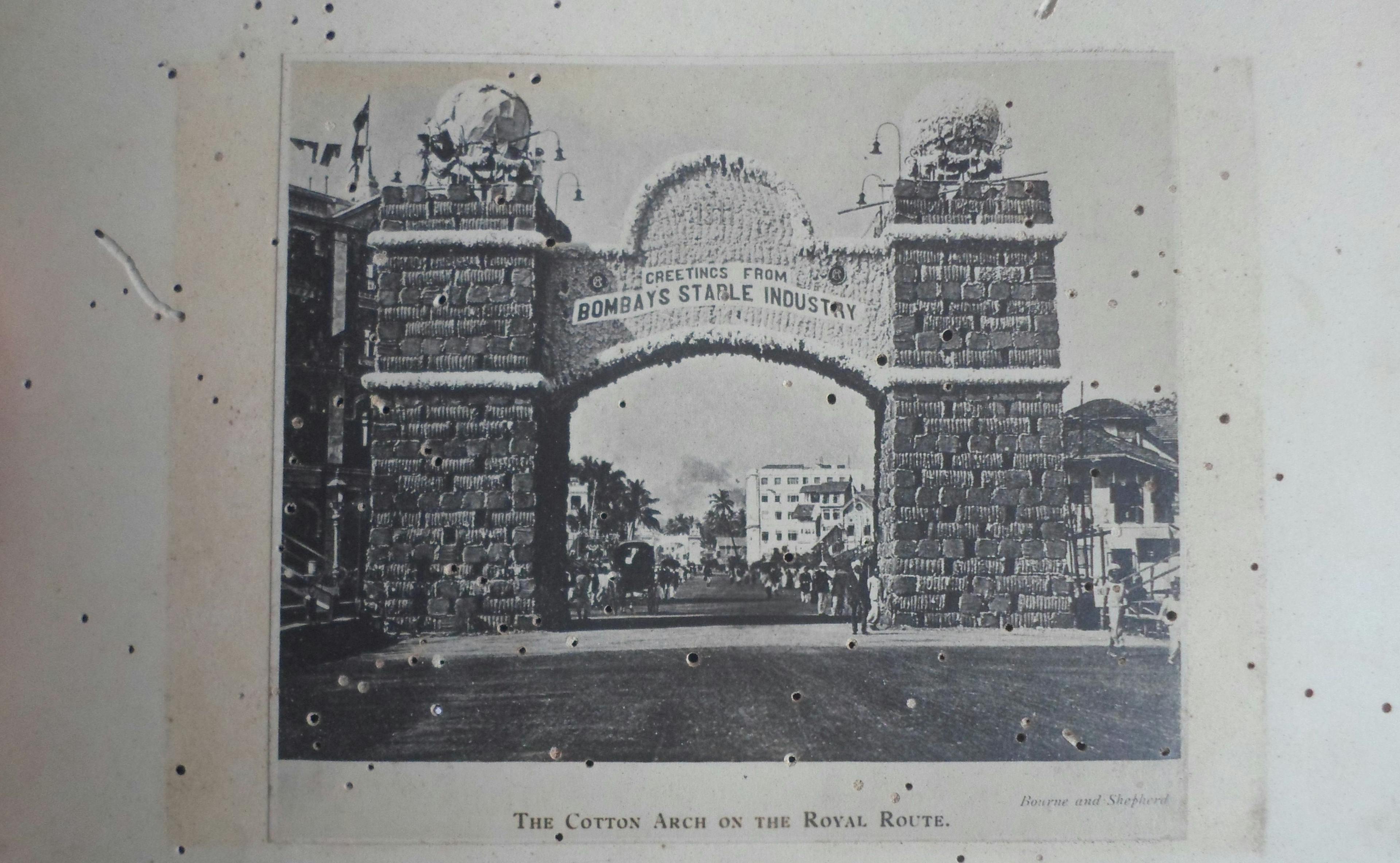 A damaged historic image of the Cotton Arch