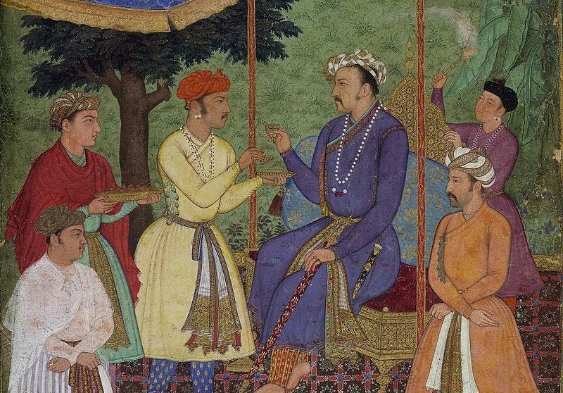 Emperor Jahangir receiving his two sons, Khusrau and Parviz, an album-painting in gouache on paper, c. 1605-06