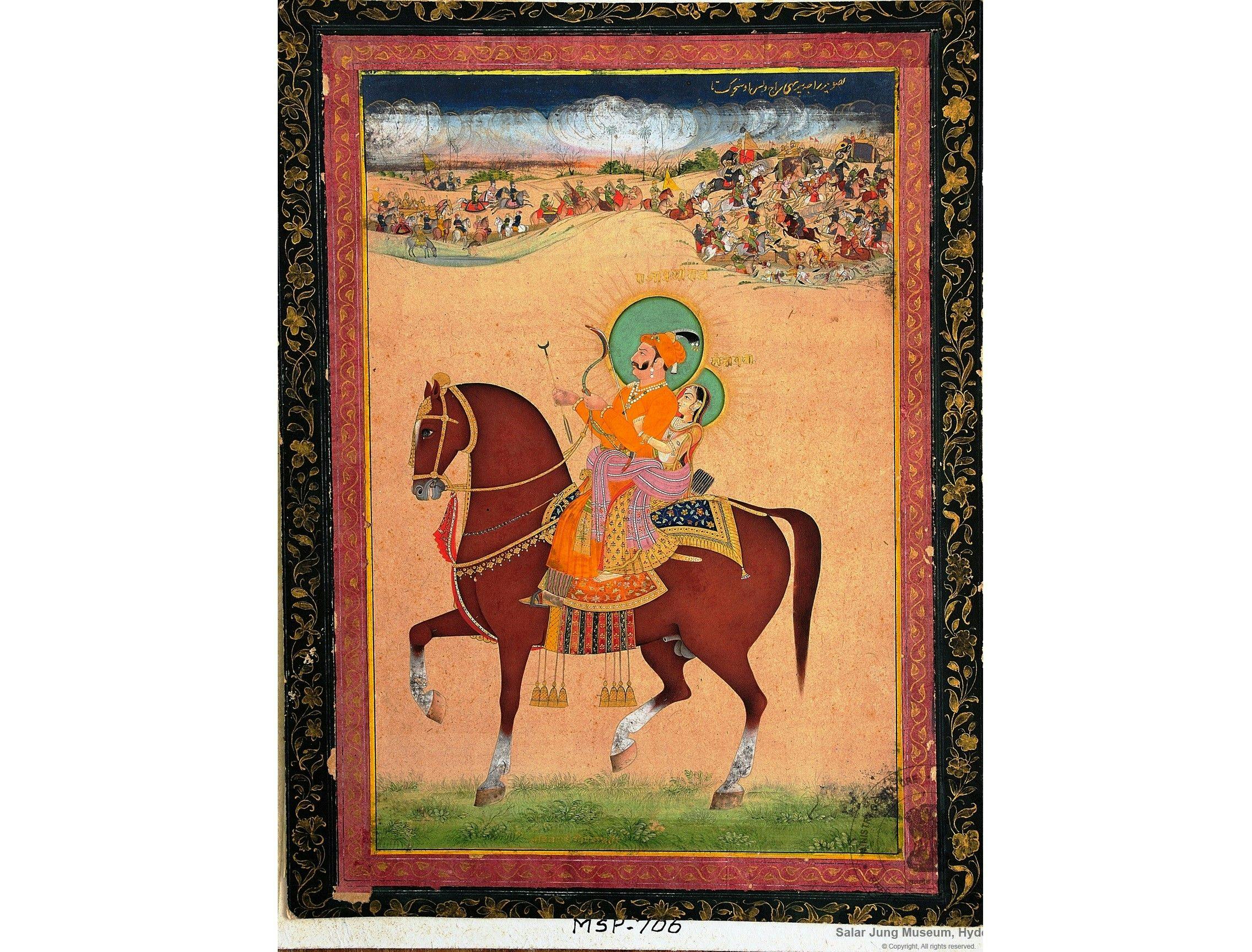 Prithviraj and Sanyogita, riding on a horse