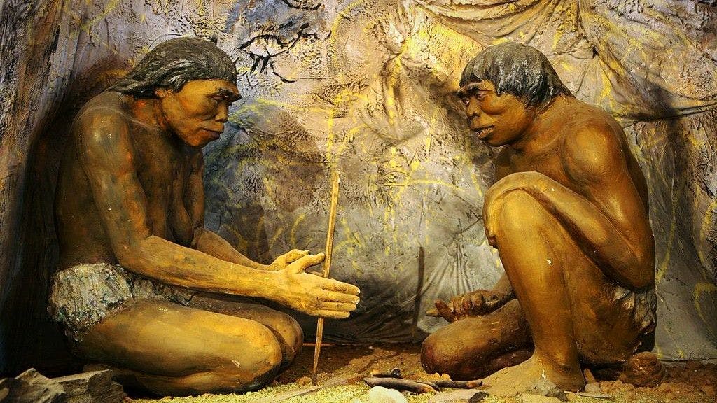 Diorama of earliest human species (Homo erectus) sheltered in a cave with rock art