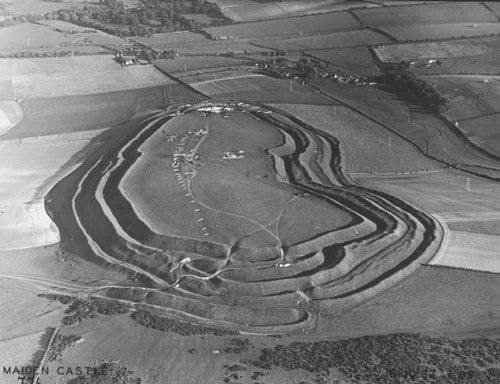 Aerial photograph of Maiden Castle ,1937, where Sankalia learnt his excavation techniques