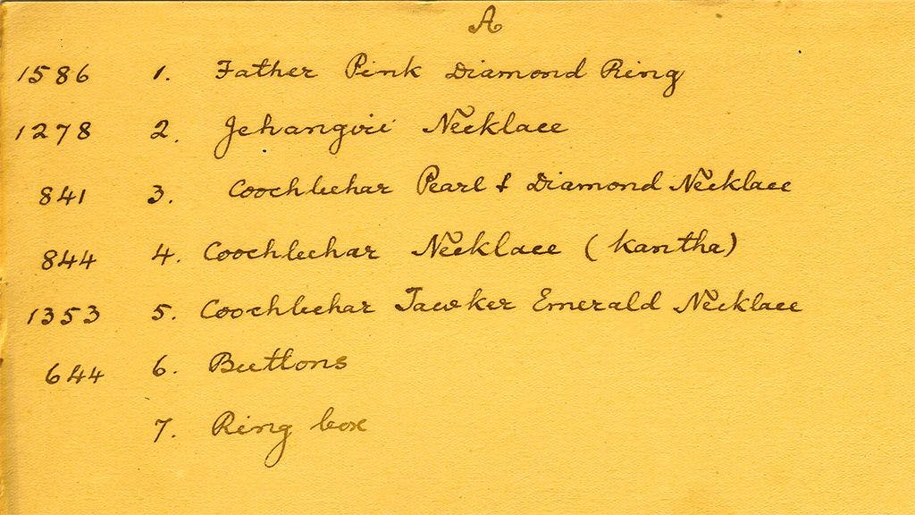 Handwritten Darbhanga jewelry inventory of 1930s that mentions rare pink diamond, Emperor Jehangir’s necklace and jewels from Cooch Behar