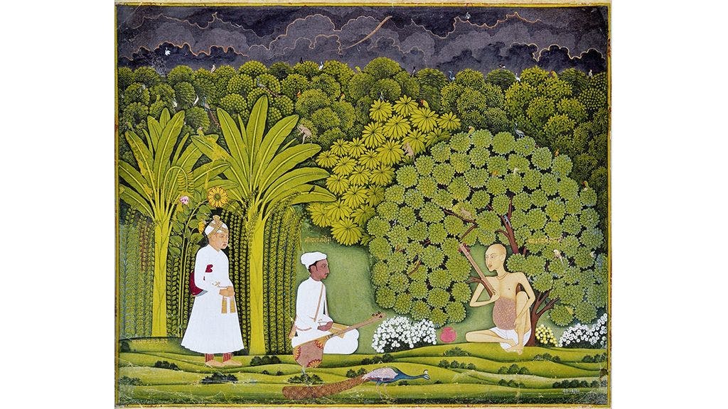 A painting depicting Akbar (left) and Tansen (center) visiting Swami Haridas (right) in Vrindavan