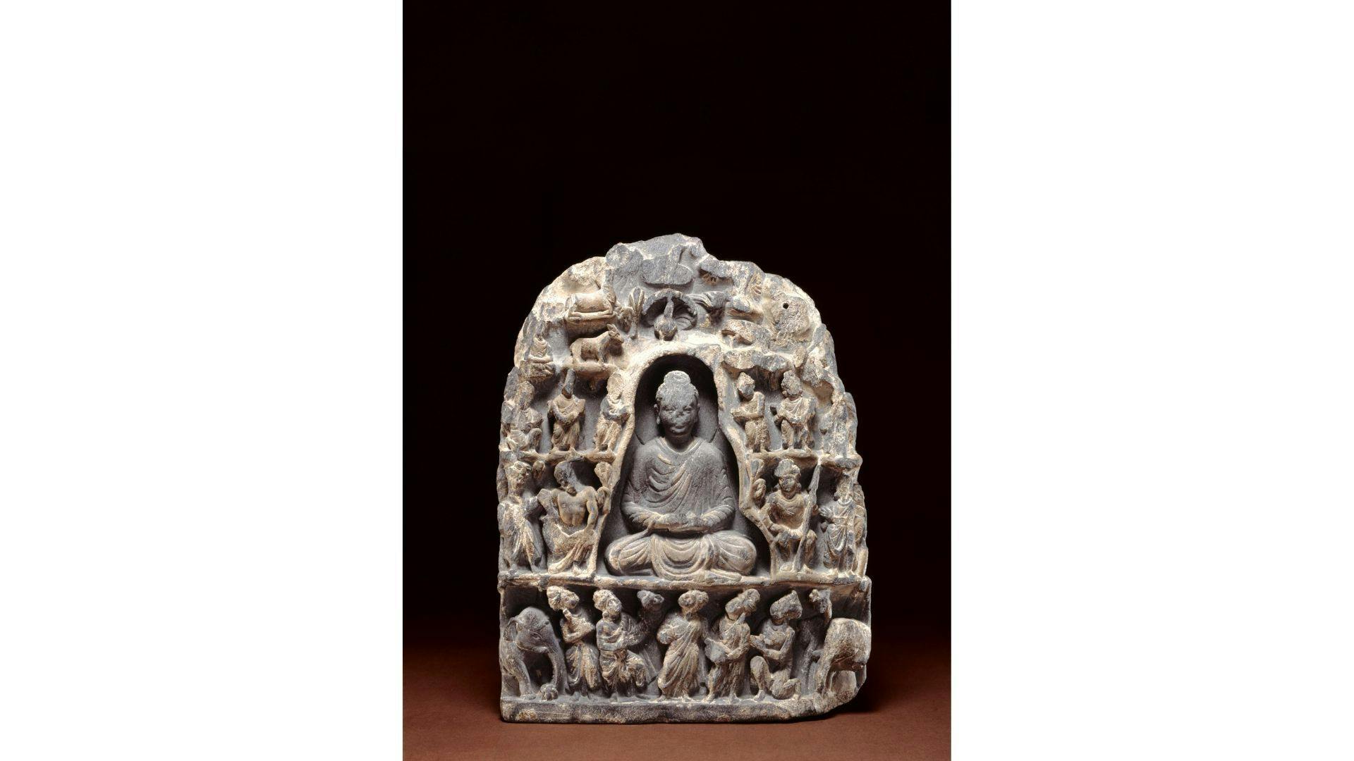 Depiction of the Indasala cave from Gandhara, Pakistan, 1st to 3rd century CE, the British Museum Acc. No. AN30158001. © Trustees of the British Museum, London.