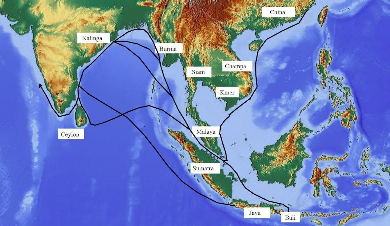 Map showing trade routes between Kalinga and trading partners