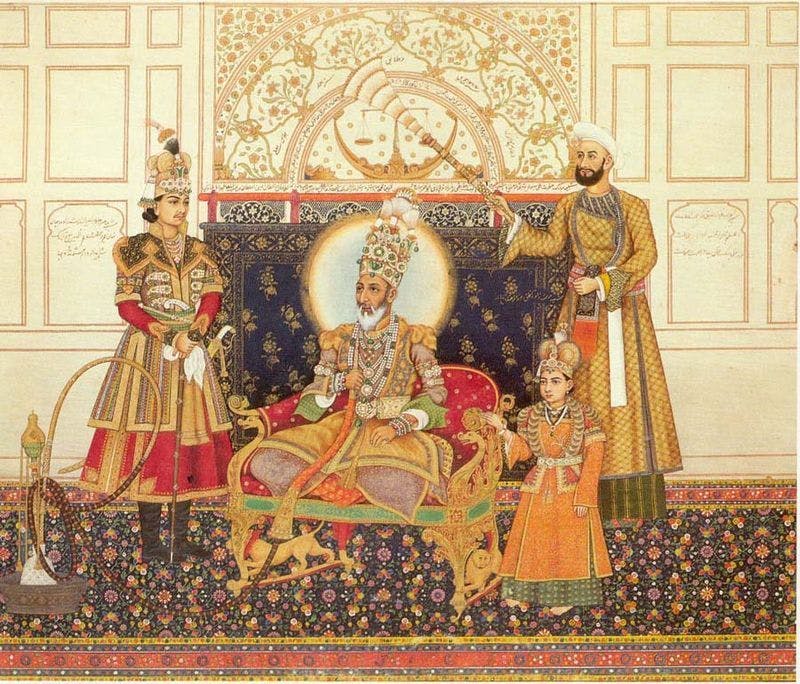 Emperor of India Bahadur Shah Zafar flanked by Crown Prince Mirza Fakhru on his right and the young Mirza Mughal on his left