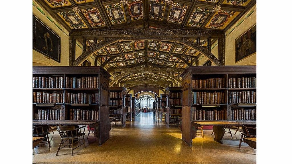 The interiors of a reading room of the Bodleian Library, University of Oxford