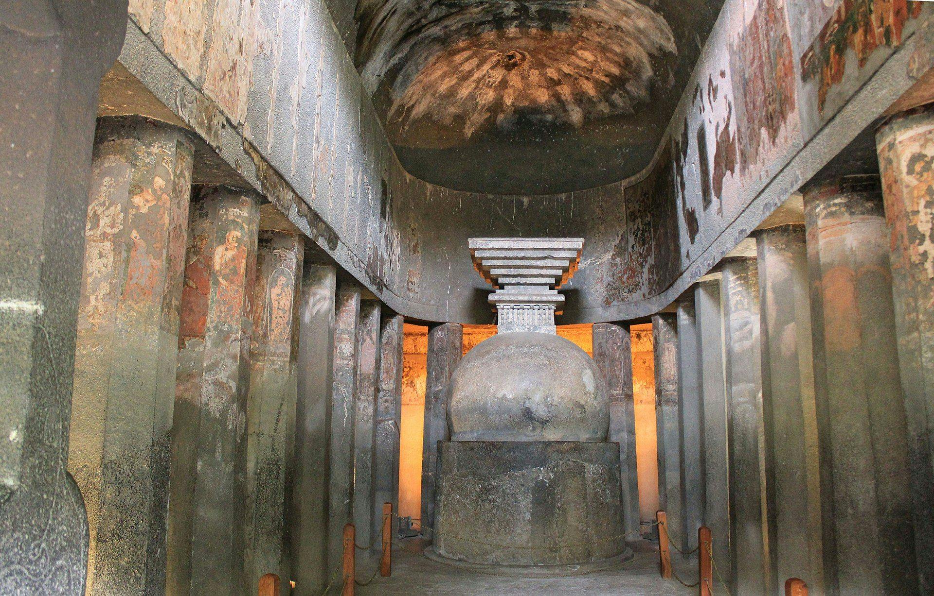 The apsidal hall with plain hemispherical stupa at apse’s center, Cave 10