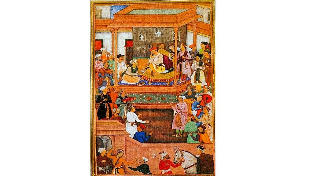 Miniature painting of Abu’l Fazl presenting Akbarnama to Akbar