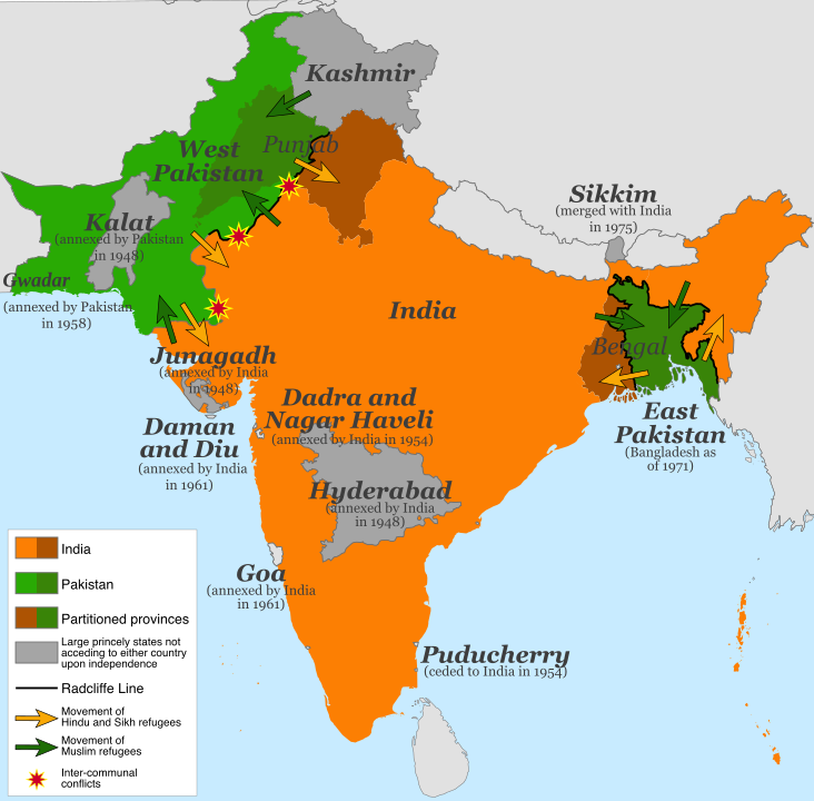 The regions affected by the extended Partition of India: green regions were all part of Pakistan by 1948, and orange part of India. The darker-shaded regions represent the Punjab and Bengal provinces partitioned by the Radcliffe Line. The grey areas represent some of the key princely states that were eventually integrated into India or Pakistan, but others which initially became independent are not shown