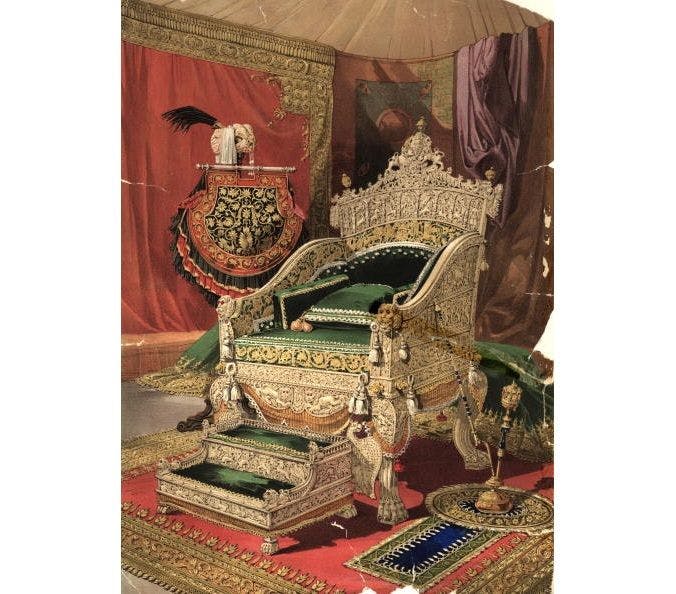 The ivory throne and footstool presented to Queen Victoria by the king of Travancore, for display in the ‘Industrial Arts of the 19th Century’ gallery of the 1851 Great Exhibition