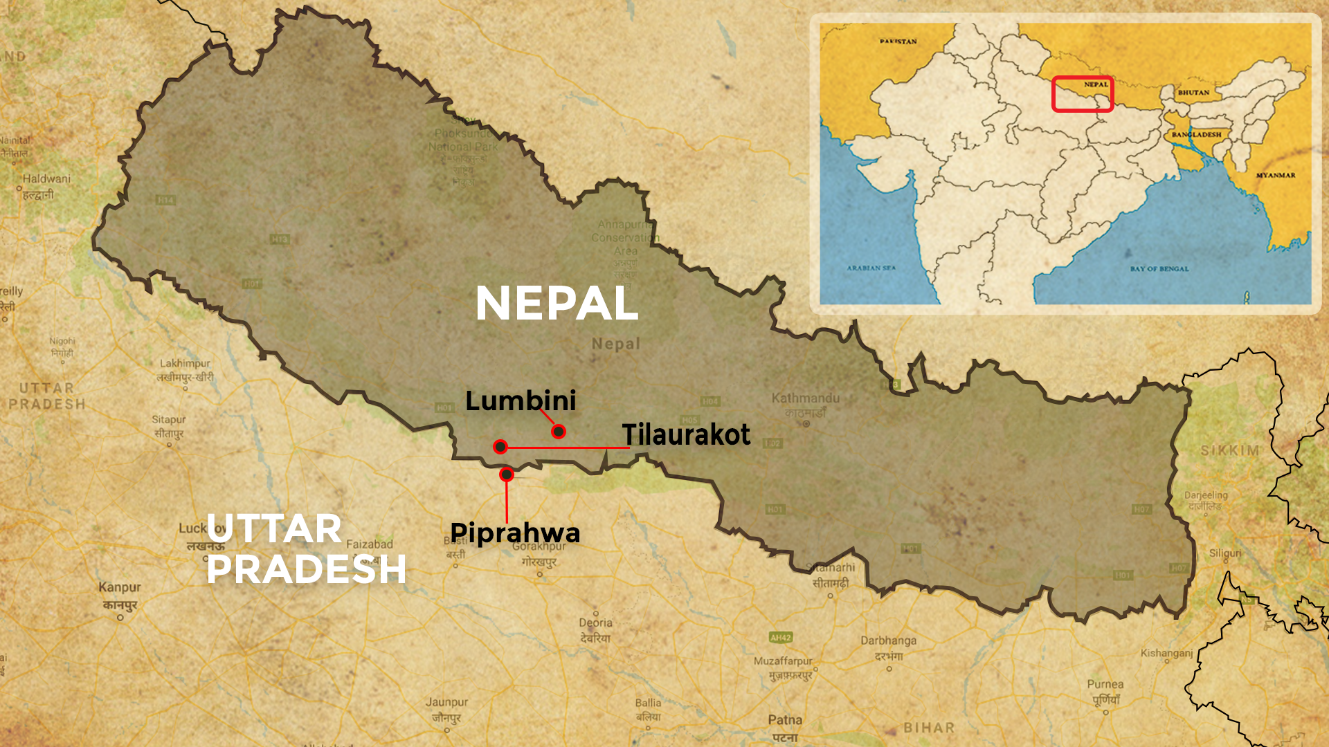 Indo-Nepal map showing Lumbini, Tilaurakot and Piprahwa