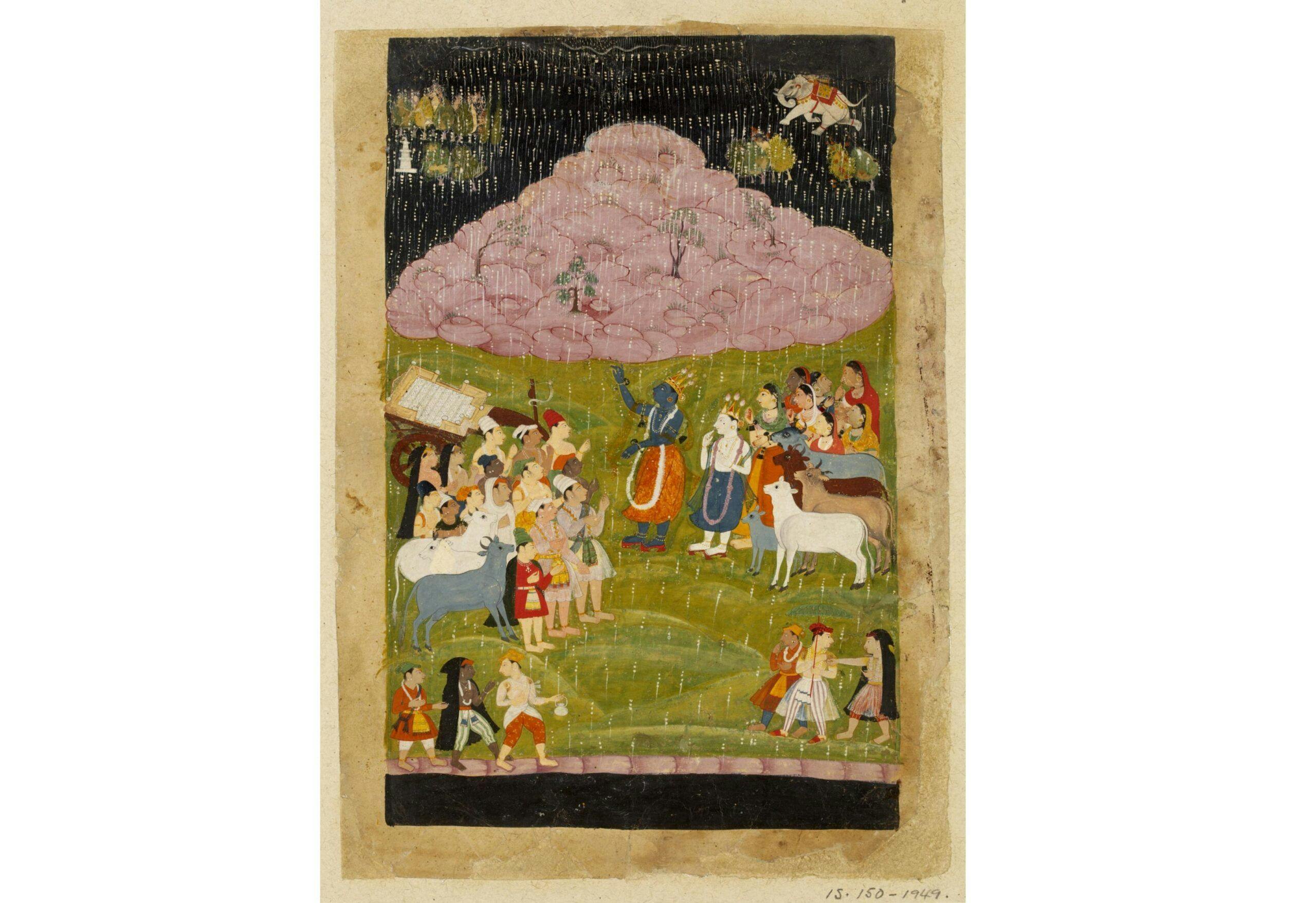 Krishna lifting the Govardhan mountain 