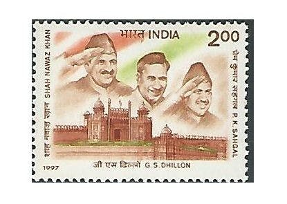 Stamp issued in honour of Shahnawaz Khan, G. S. Dhillon and P. K. Sahgal