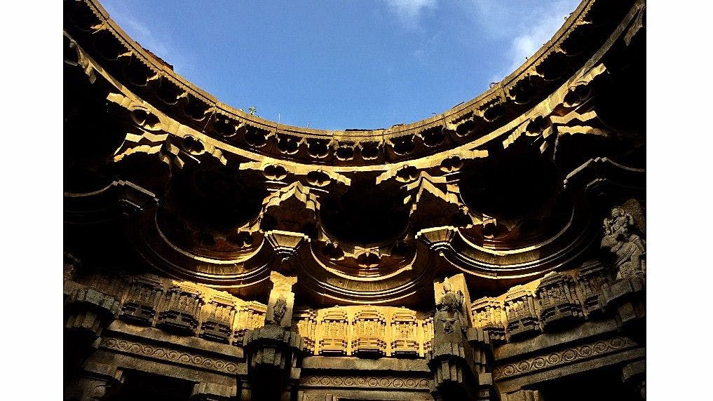 The intricate design on the pillars of the Swargamandapam