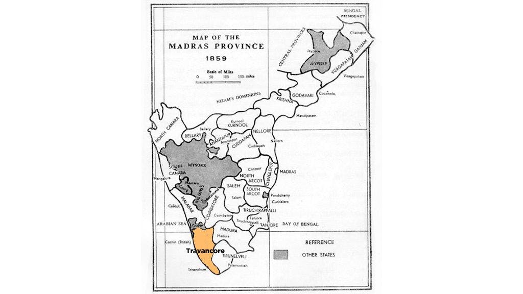 Map showing Travancore in 1859