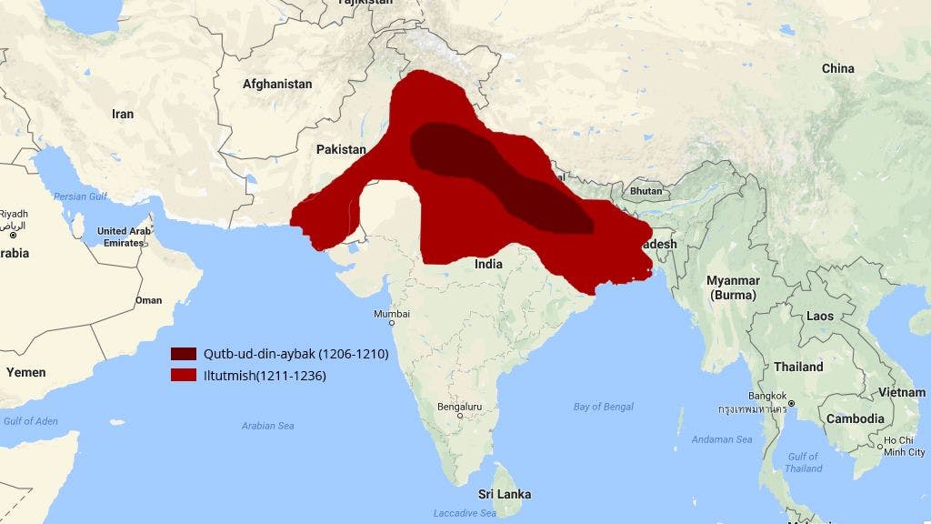 Map showing Delhi Sultanate under Aibak and Iltutmish
