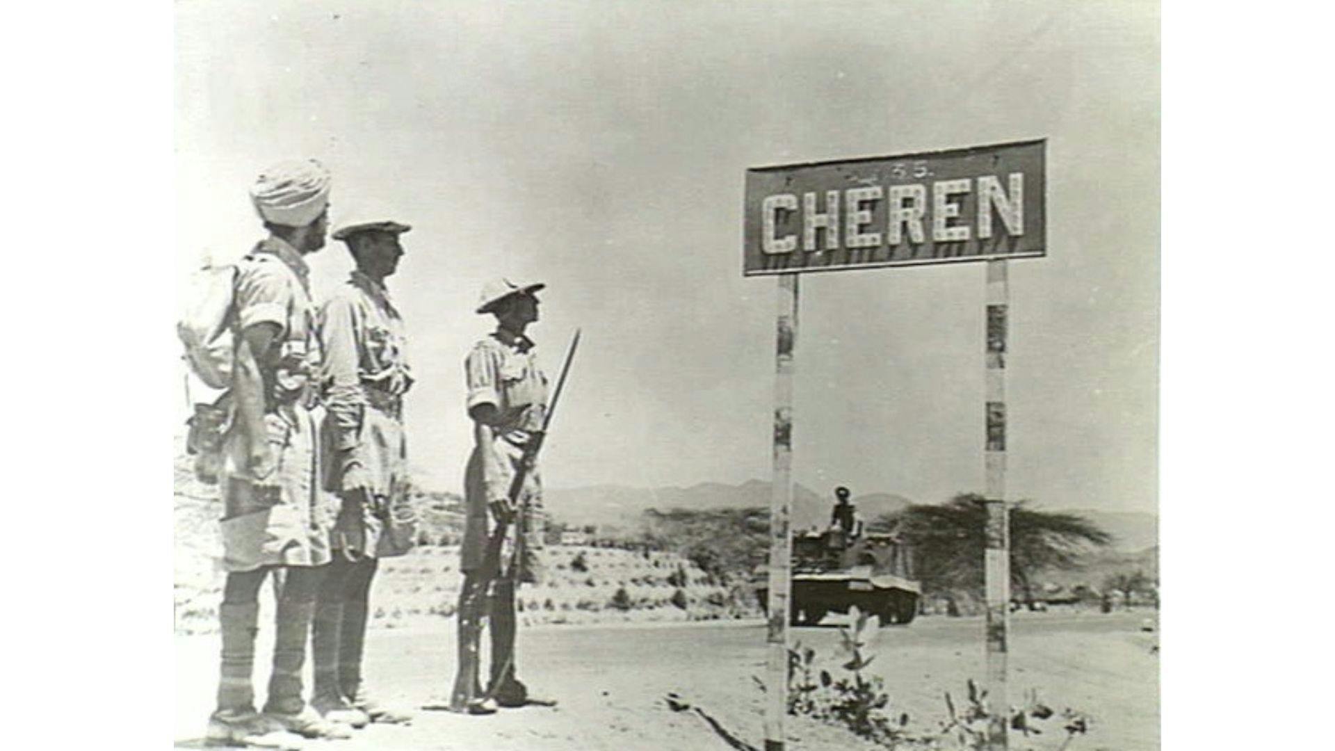 Indian Troops in Keren, in front of a sign board that spells the town as 'Cheren' | Wikimedia Commons