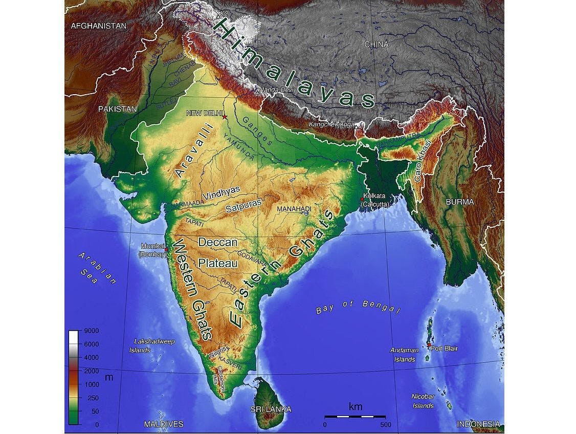 The physical map of India
