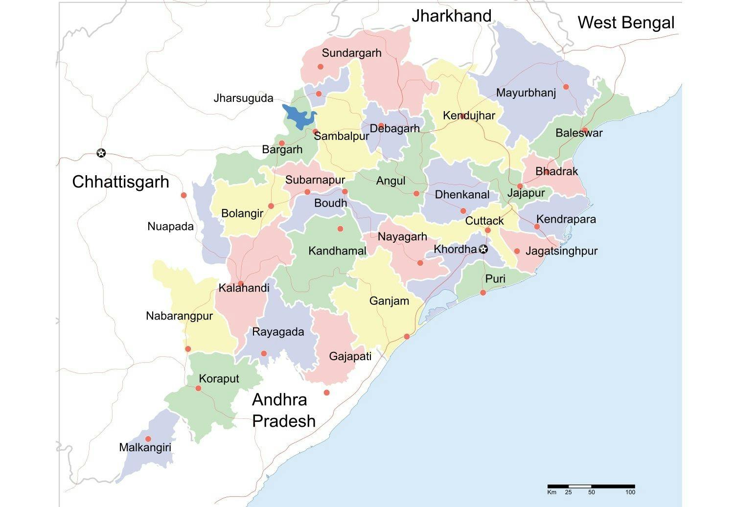 Odisha’s state map with Mayurbhanj district