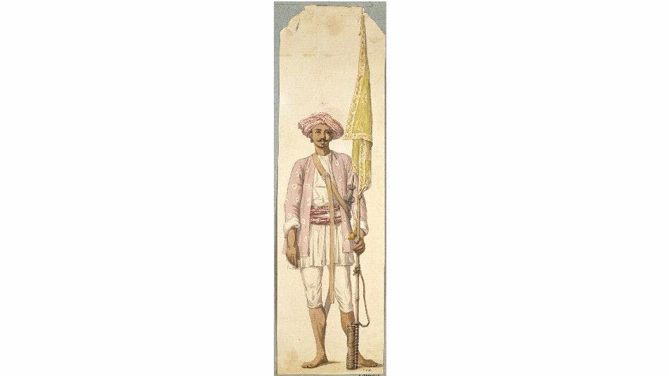 A soldier of the Mysore army holding a rocket as a flagpost