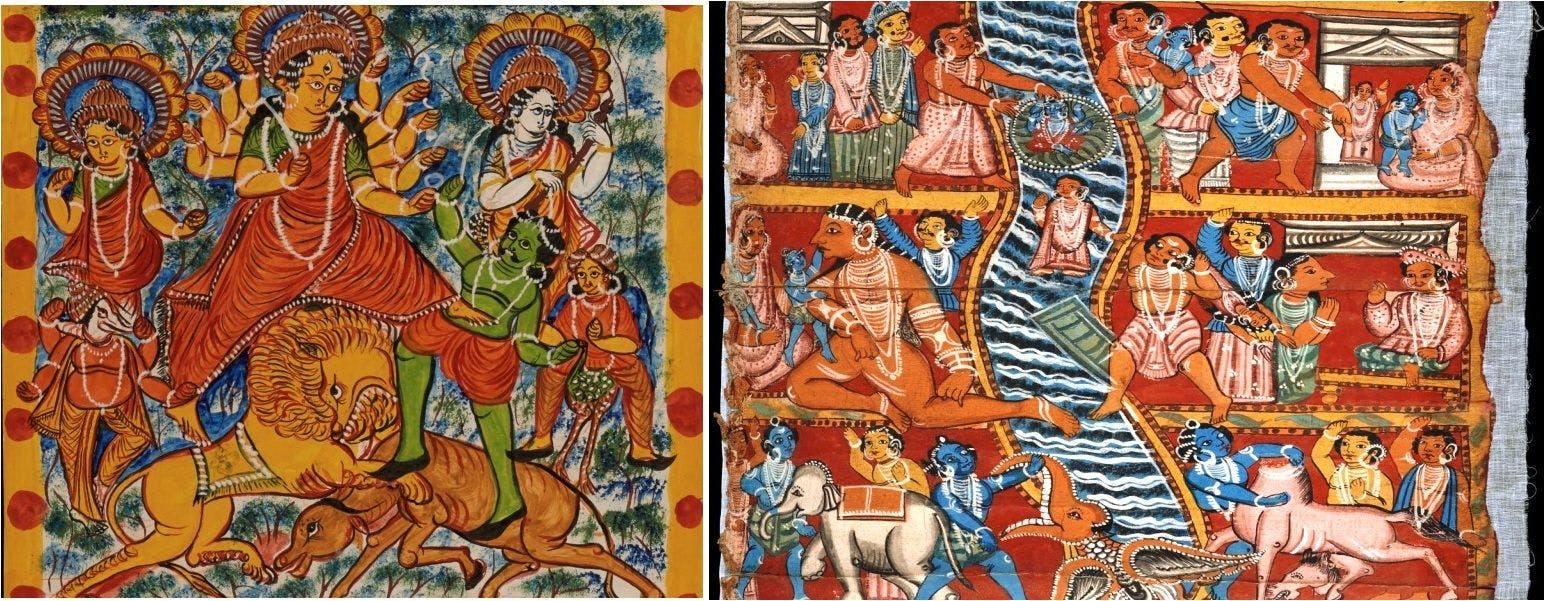 Scrolls depicting Mahishasuramardini Durga and episodes from Krishna’s childhood