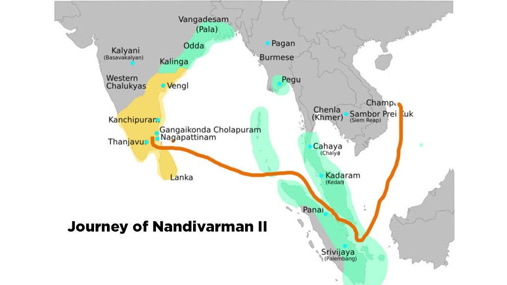 Map depicting the journey of Nandivarman II