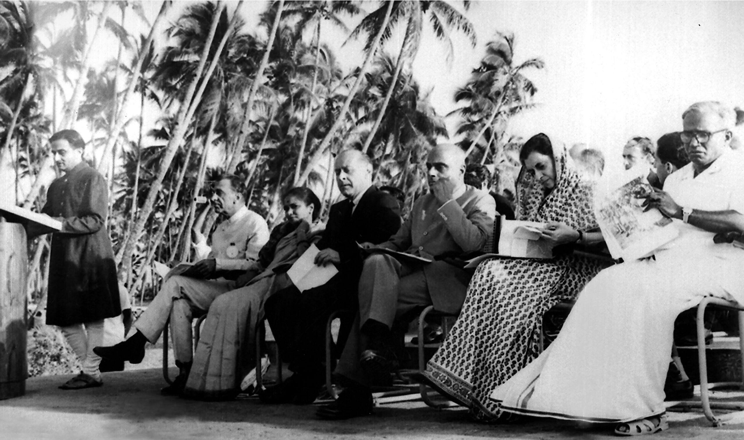 Vikram Sarabhai addresses a gathering. Sitting extreme left: JRD Tata and extreme right: EMS Namboodiripad, India's first democratically elected Communist Chief Minister (of Kerala). On his right, Indira Gandhi and on her right. the Governor of Kerala, V Viswanathan 