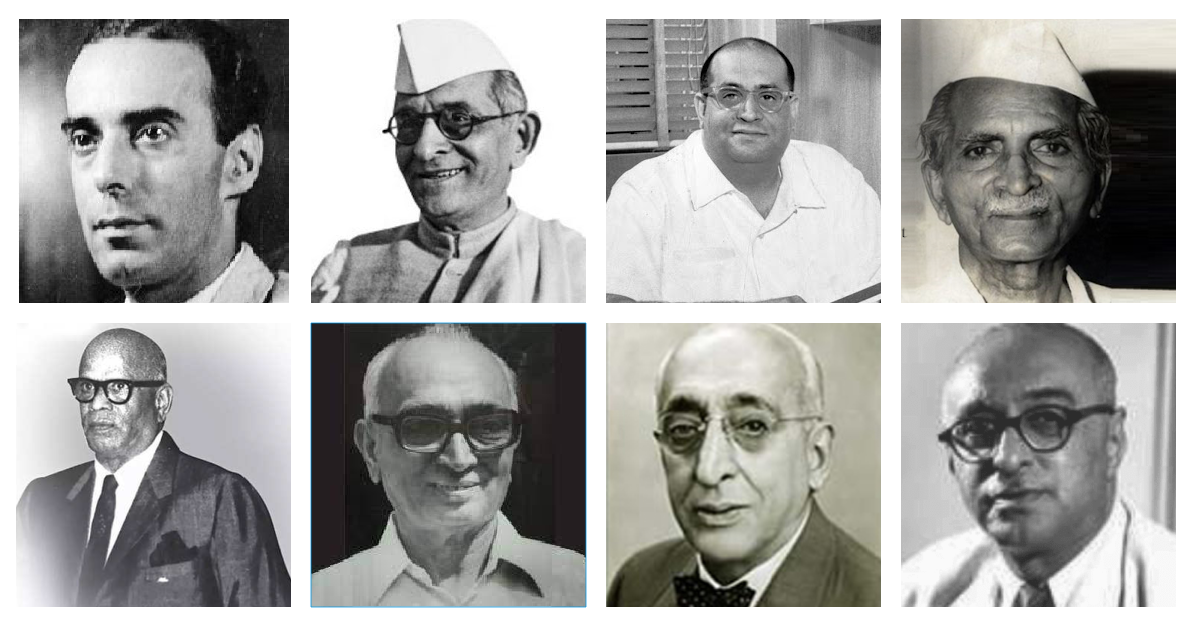 First row: Minoo Masani, K M Munshi, Piloo Mody, N G Ranga, Second row: V P Menon, H M Patel, Homi Mody, A D Shroff
