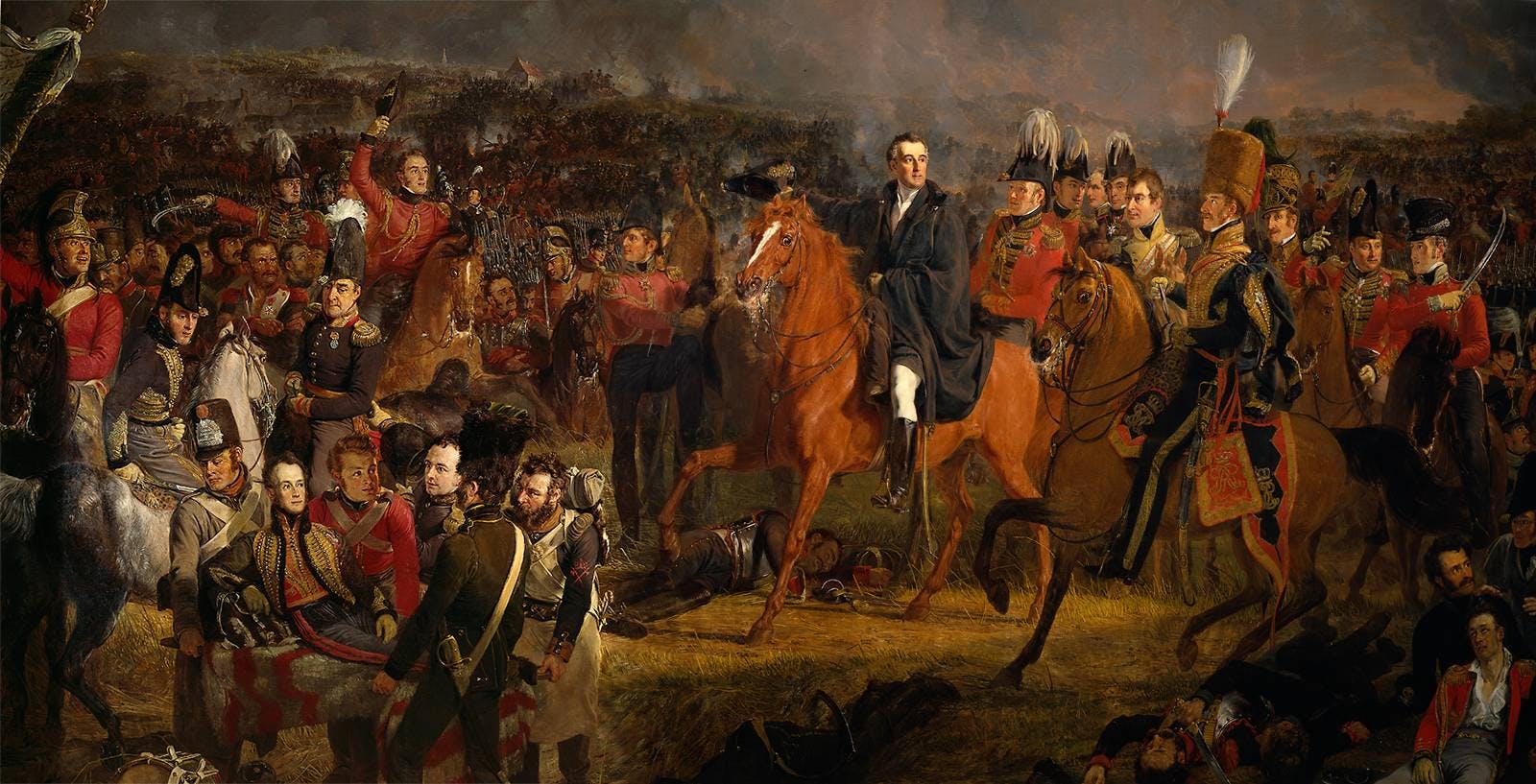 The Battle of Waterloo, detail showing the Duke of Wellington on horseback. 