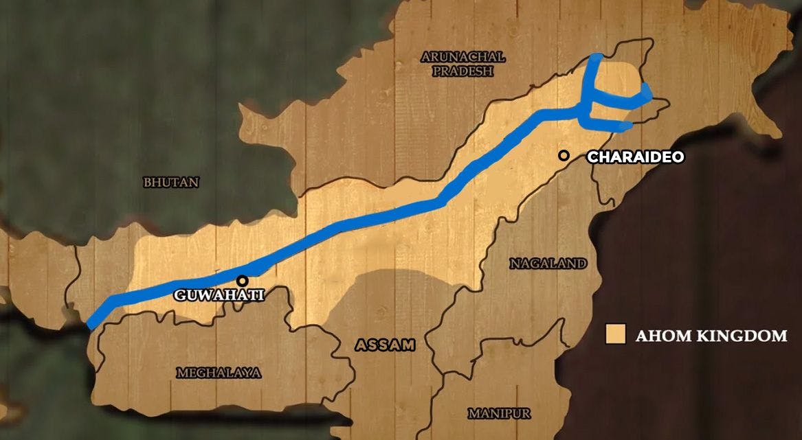The extent of the Ahom kingdom and site of Charaideo