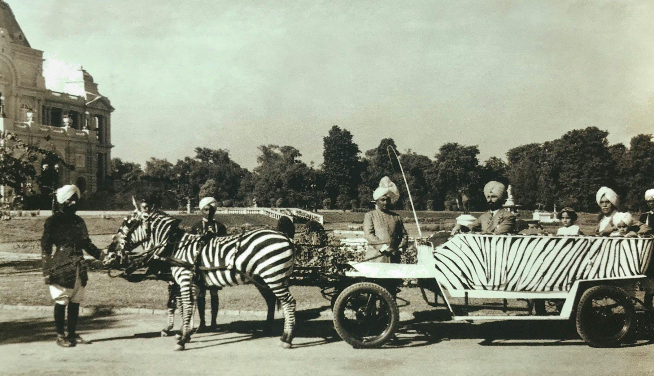 Maharaja riding with his grandchildren in a quaint zebra cart, c. 1936