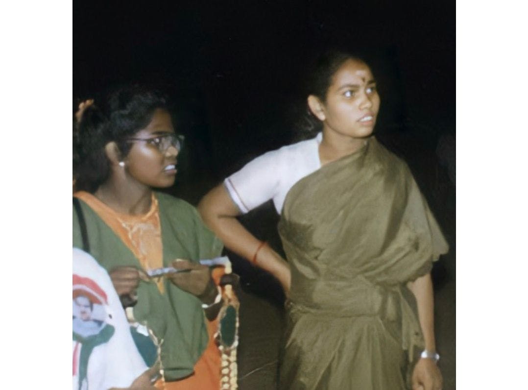 Dhanu (left) next to Latha Kannan who also died in the blast, Rajiv Gandhi rally, Sriperumbudur, 1991 