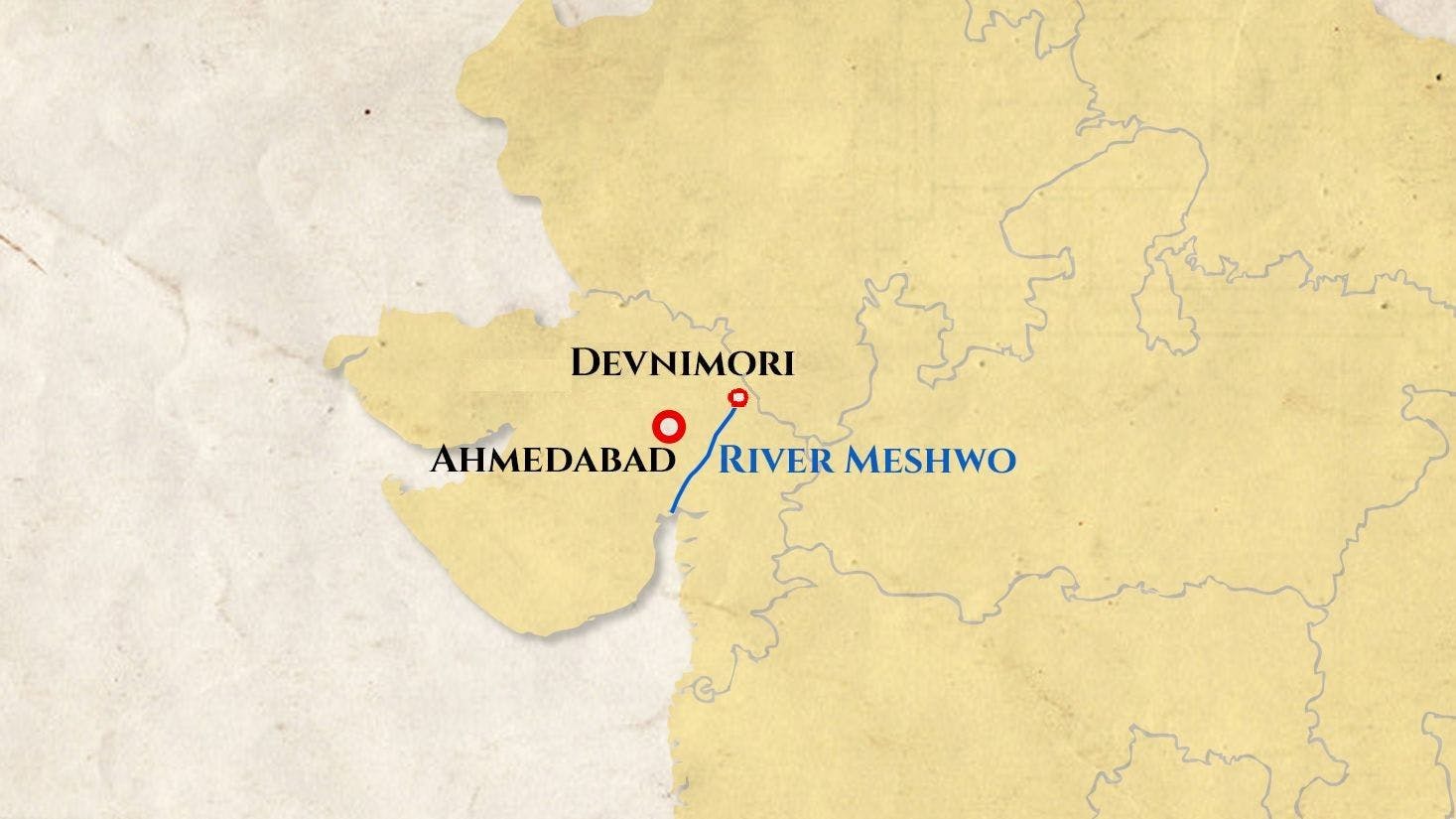 Location of Devnimori on the banks of River Meshwo
