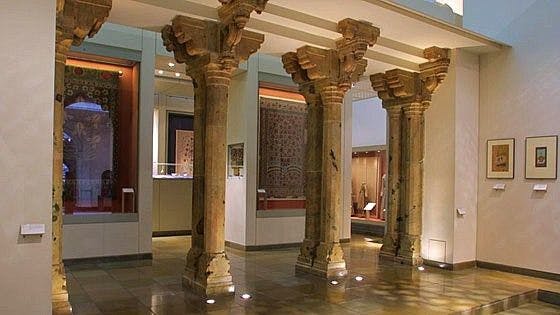 Red Sandstone pillars from the Agra Fort on display at Victoria and Albert Museum, London