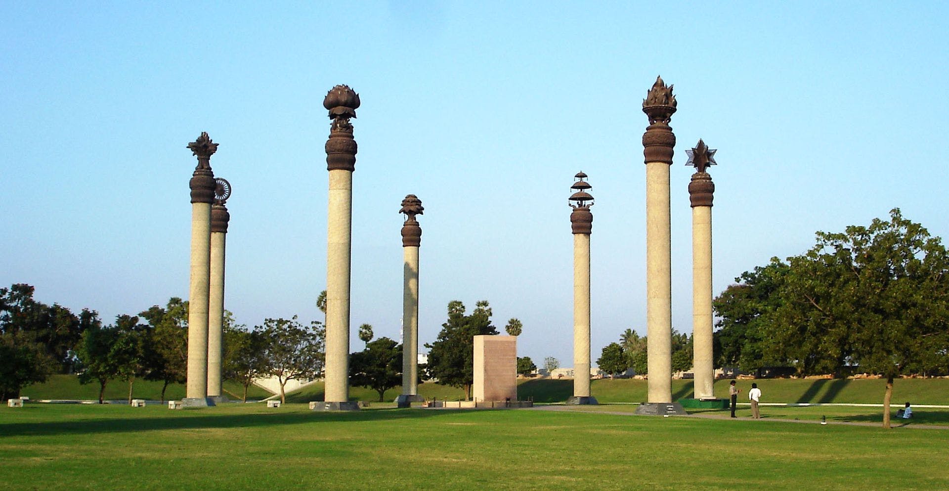 Seven pillars, each featuring a human value surrounds the site of the blast at the Rajiv Gandhi Memorial in Seriperumbudur 