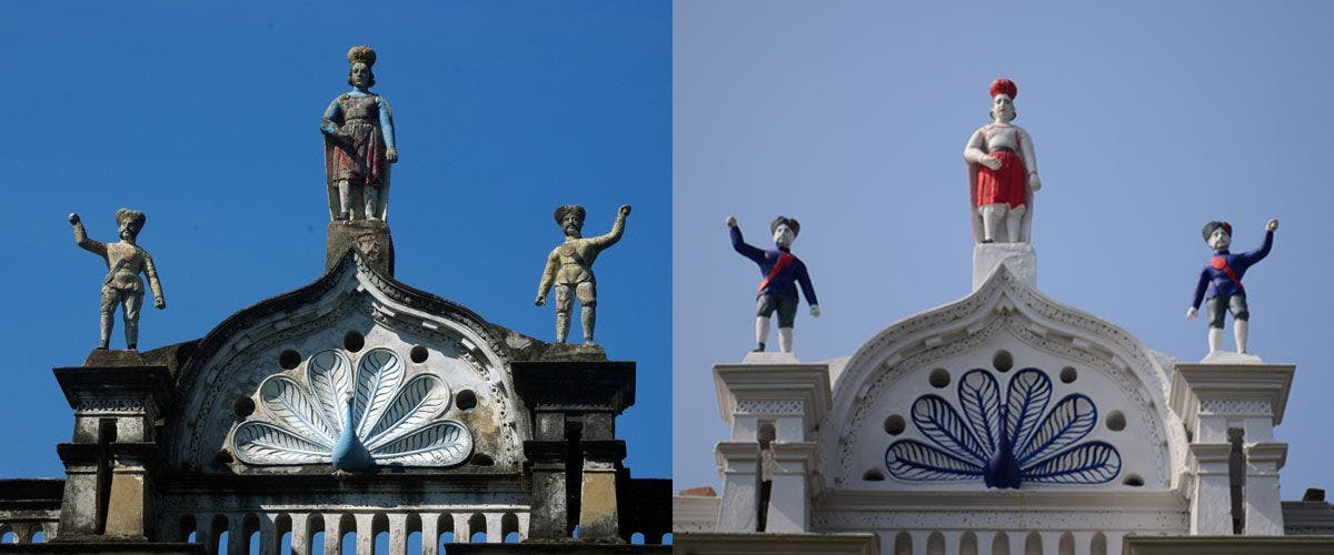 Statues on top of Ballav House (Left taken in 2013, Right in 2019)