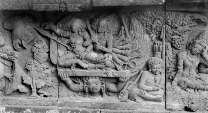 The abduction of Sita by Ravana, depicted in stone reliefs at Prambanan temple, central Java, ca. 900.