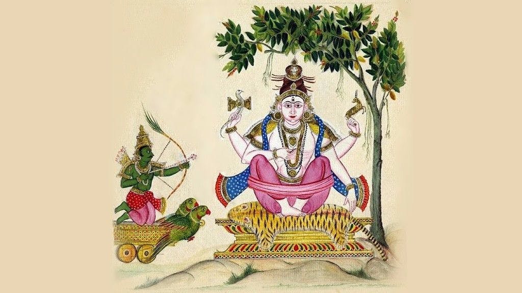 Kamadeva shooting his ‘love-arrow’ at Shiva