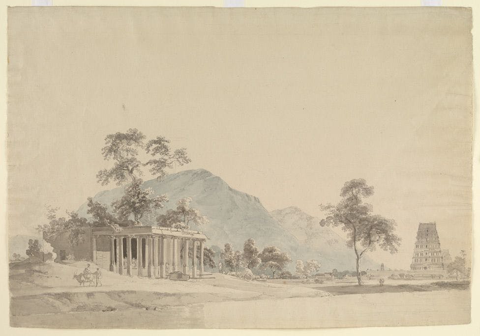 Pencil and wash sketch of Binjaveram Choultry in Tirunelveli District, William and Thomas Daniell, 1792