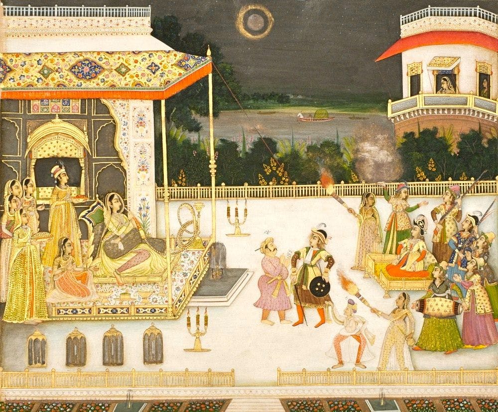 Miniature painting showing Udham Bai (Qudsia Begum) being entertained with fireworks and dance (1742 CE by Mir Miran)